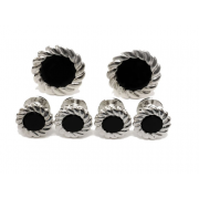 Black Onyx with Fluted Silver Trim Studs and Cufflinks Set